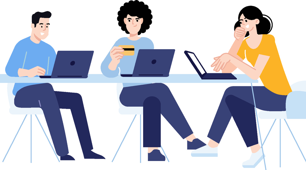 Illustration av tre personer med datorer
